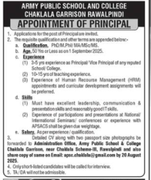 Principal Jobs in Army Public School & College Chaklala Garrison Rawalpindi 2025