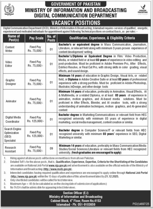 Ministry of Information & Broadcasting Jobs 2025 in Islamabad